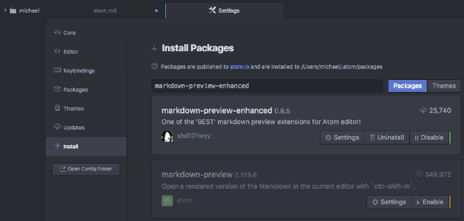 Picture of markdown-preview-enhanced showing as installed